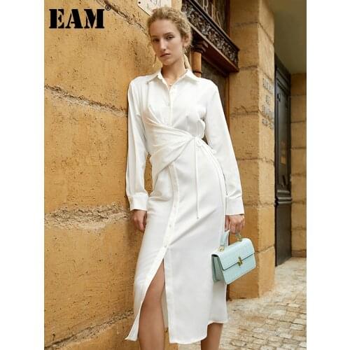 [EAM] Women Green Irregular Bandage Slit Shirt Dress New Lapel Long Sleeve Loose Fit Fashion Tide Spring Autumn 2021 1DD8782