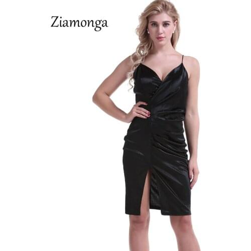Ziamonga Women Satin Dress Natural Silk Black Yellow Midi Dress Sexy Strap Spaghetti Women Clothing Ladies Bodycon Vestidos