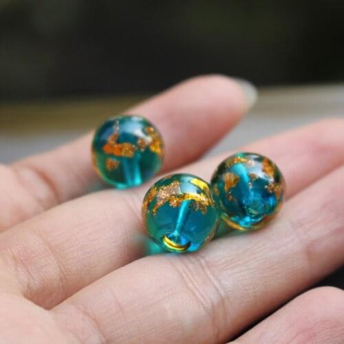 10pcs/Lot 10mm 12mm Fine Lampwork Beads Handmade Teal Green color with Gold foil for jewelry Making