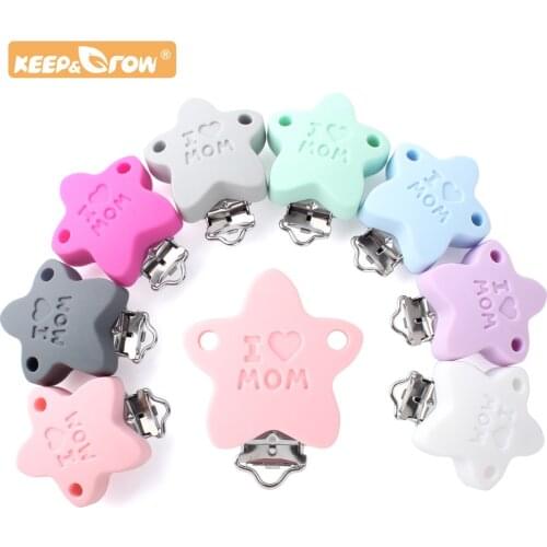Keep&Grow 10pcs I love mom Silicone teether metal Clip Pacifier silicone Accessories DIY Baby Teething Necklace Pendant Clamp