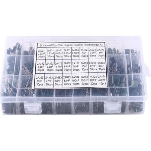 100V 24value 660pcs Polyester Film Capacitor Assorted Kit Box Assorstment
