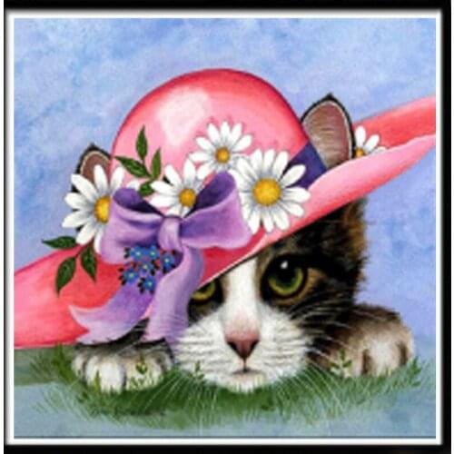 5D diamond painting full diamond red hat kitten round diamond mosaic pattern home decoration DIY handmade