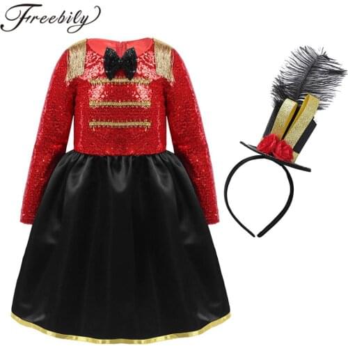 Kids Halloween Cosplay Costume Girls Ringmaster Outfit Circus Costume Shiny Sequined Dress With Mini Top Hat Fascinator Headband