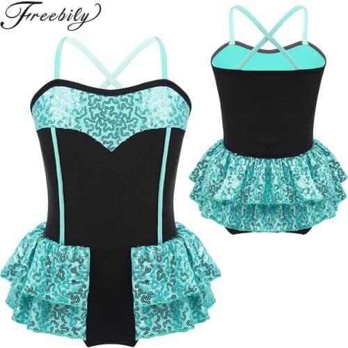 Kids Teens Camisole Shiny Sequins Tutu Ballet Dress Girls Gymnastics Leotard Modern Jazz Latin Stage Performance Dance Costume
