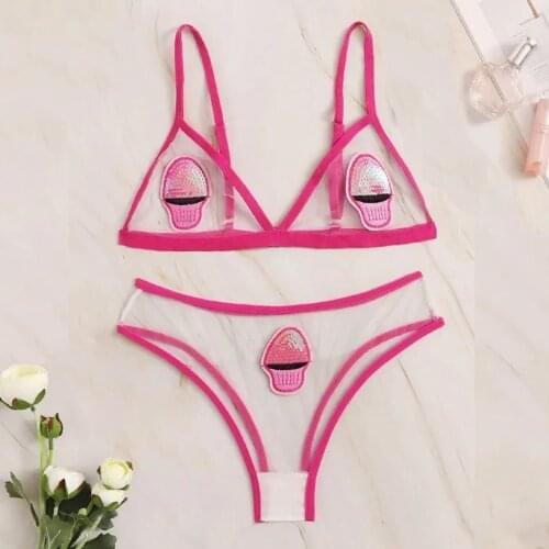 Stylish Cute Womens Bra Set V-Neck Ice Cream Embroidered Lingerie Set Thin Ladies Underwear+Panties Set Plus Size S-2XL