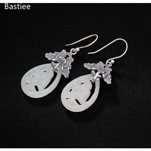 Bastiee Korean Earrings Earrings Silver 925 Jewelry For Women Jade Golden Plated Long Earrings Vintage Silver Earrings
