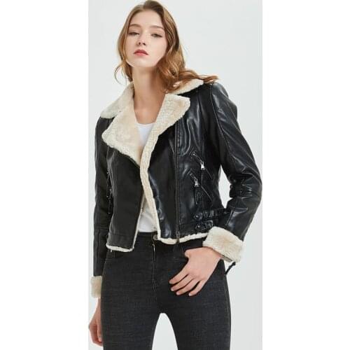 2021 New Faux Sheepskin Shearling Winter Coat Women Black Warm Motorcycle Street Soft Lamb Fur Female Leather Jacket