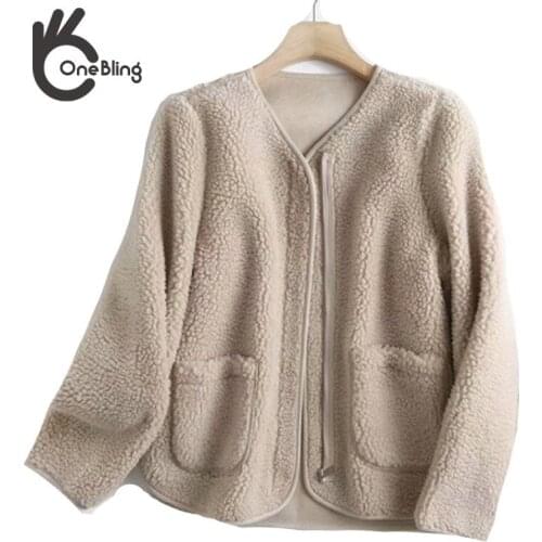 OneBling Za Woman 2021 Traf Winter Coat pockets O-neck Loose Fleece Jackets Autumn Casual Lady Zipper Female Beige Outwear