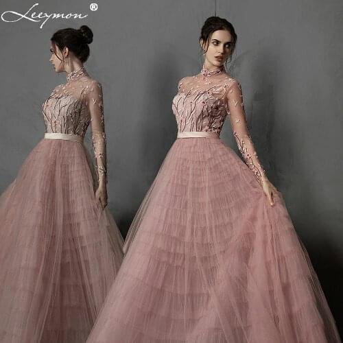 Leeymon Pink Ruffle Tulle Evening Dress High Neck Long Sleeves Embroidery beaded Vestido de Noche Formal Dress