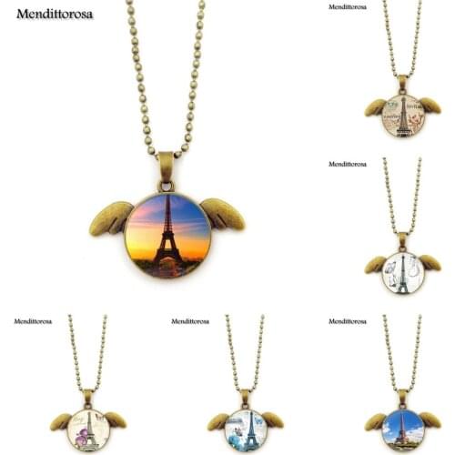 Mendittorosa Paris Eiffel Tower Luxury Brand Jewelry Glass Cabochon Choker Angel Wings Pendant Necklace For Women Party Gift