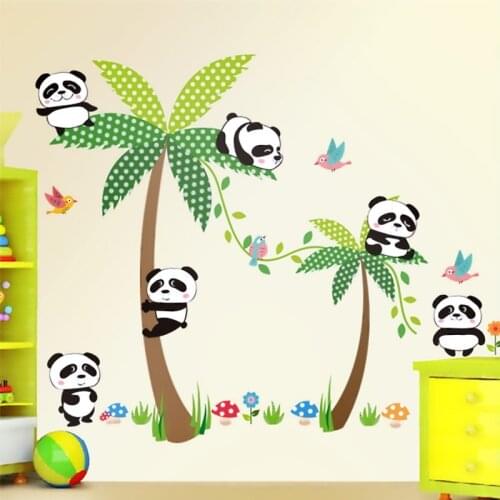 Lovely panda birds palm tree wall stickers for kids rooms bedroom home decor cartoon animal wall decals diy mural art pvc poster