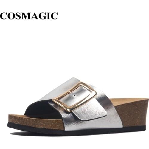 COSMAGIC Fashion Summer Women Wedge Cork Slipper 2021 Beach Outside Non-slipe Buckle Trifle Platform Med Heel Slide Shoe