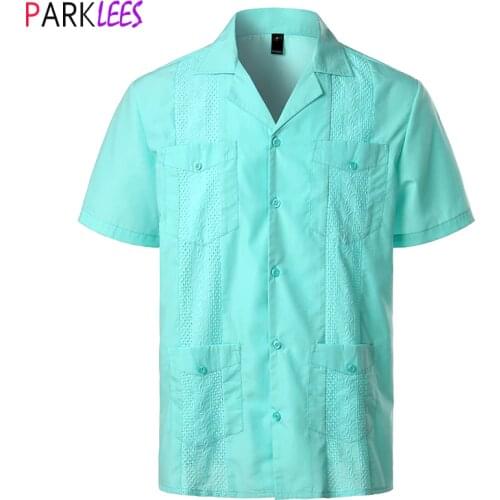 Mens Cross Dyed Guayabera Woven Button-Down Shirt Brand Short Sleeve Embroidered Traditional Cuban Shirt with Revere Collar 2XL