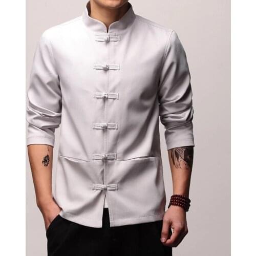 Mens Traditional Chinese Clothing Spring Autumn Solid Tang Suit Men Kung Fu Tai Chi Master Costume Male Tops Jackets