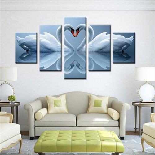 Framed Wall Art Picture 5 Panel Animals Love Swan Canvas Poster Painting Home Decoration Hd Print for Bedroom Living Room Decor
