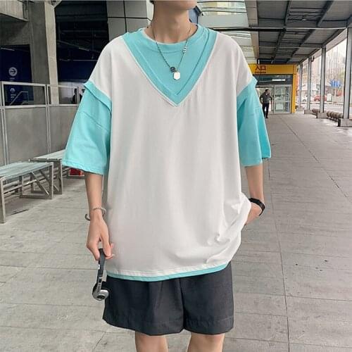 2021 Summer New Mens Casual Loose Large Size Solid Color Short-sleeved Fashion Tide Brand Fake Two-piece Compassionate Shirt