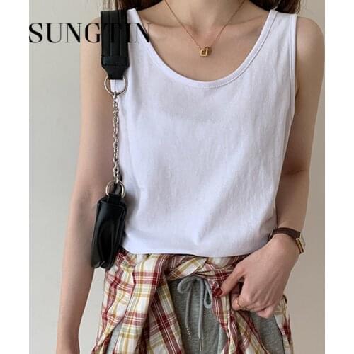 Sungtin Casual Solid White Sleeveless Tank Tops Women Summer Simple O Neck Tanks Lady Black Cozy Korean Fashion Camis 2021 New