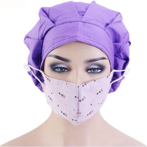 New Hat Sleep For Women Nurse Cap Solid Color Comfort Night Cap Cover Head Adjustable Beanie Hat With Button Can Wear The Mask