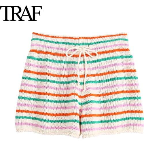 Traf Women Clothes 2021 Summer Sexy Shorts Chic Lady Rainbow Knitted Striped Shorts Elastic High Waist Wide Leg Drawstring Short