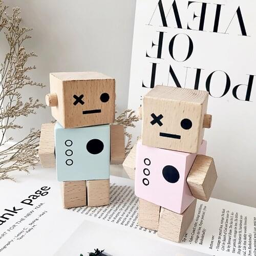 Nordic Wooden Robot Toys Baby Block Home Table DIY Decor Children Goods Birthday Gift for Kids Boy Girl Blue/Grey/Pink/Wood