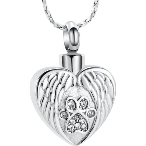 Pet Keepsake Jewelry Clear Crystal Dog Paw Wing Heart Stainless Steel Cremation Urn Necklace Memorial Pendant For Ashes