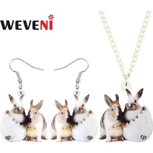 WEVENI Acrylic Easter Double Hare Bunny Chick Rabbit Jewelry Sets Cute Pet Animal Earrings Necklace For Women Kid Gift Accessory