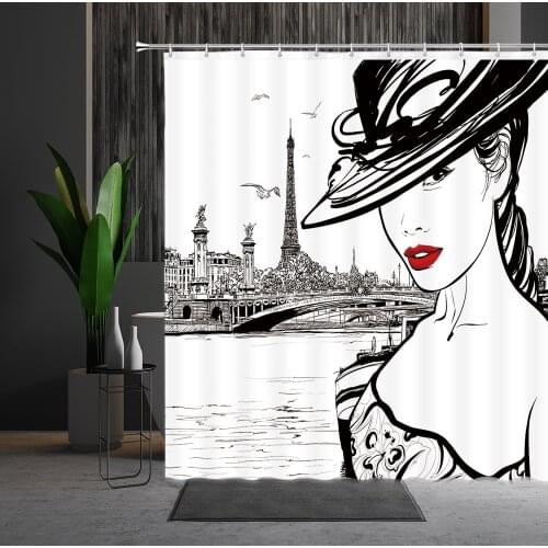 Pretty Girl Shower Curtain Abstract Sexy Woman Red Lips Black White Paris Tower Home Decor Polyester Bathroom Hanging Curtains