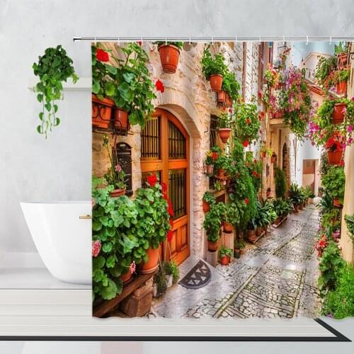 Italian Town Street View Shower Curtains Mediterranean Rock House Flowers Pastoral Theme Home Decor Waterproof Bath Curtain Set