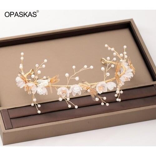 Sweet Headdress Faux Pearl White Flowers Dragonfly Decoration Gold Hair Band Suitable Fairy Girl Wear Bride Hair Jewelry PT