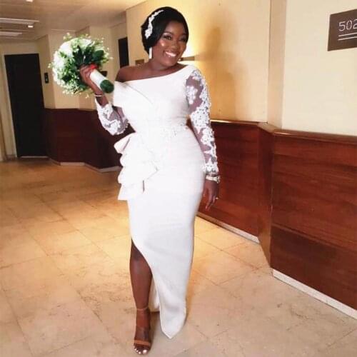 Satin Mermaid Wedding Dresses Lace Long Sleeve Off Shoulder Side High Slit Plus Size wedding Gowns Customize Vestidos De Noiva