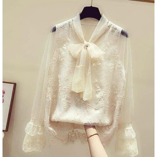 2020 Summer New Women Long Sleeve Sweet Bow Lace Blouse Shirts Casual Loose Floral Tops Shirts Blusas