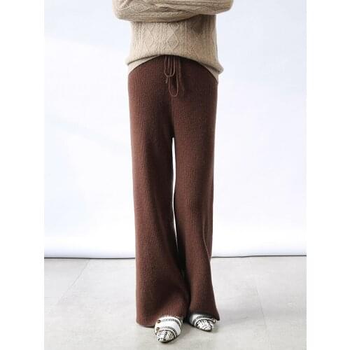 2021 Loose Waist Long Trousers 100% Wool Girls Pants With Pocket Female Winter Warm Knitted Leggings 5Colors For Women