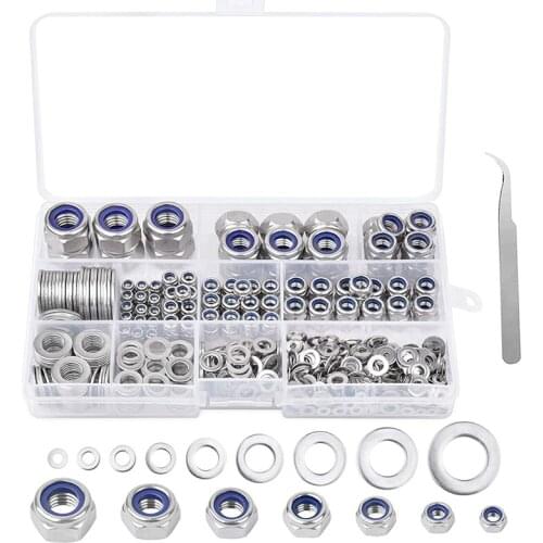 980Pcs Lock Nuts Hex Nuts Lock Nuts with Flat Washers Washers 304 Stainless Steel Nylon Nuts Lock Washers Assortment Set Retail