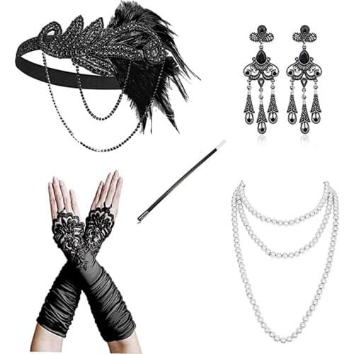 1920s Accessories Headband Necklace Gloves Cigarette Holder Flapper Costume Accessories Set for Women