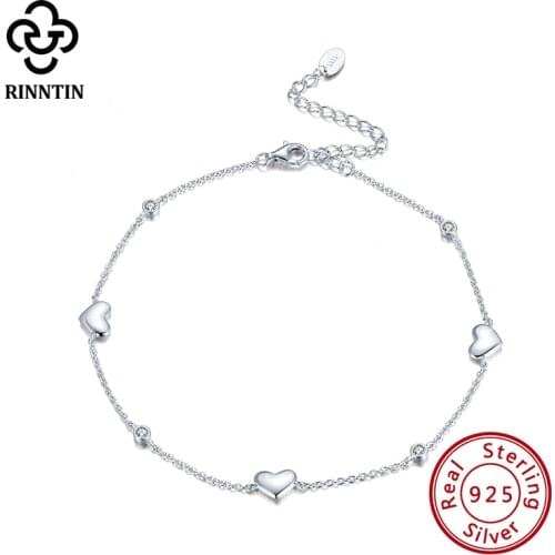 Rinntin 925 Sterling Silver Anklet Heart Shape Design Women Leg Jewelry 22+5cm AAAA Zirconia Anniversary Gift for Girls TSA01