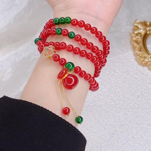 Ethnic 4 Circles Lucky Bag/purse Pendant Red Natural Agate Cloisonne Accessories Beaded Bracelets for Women Fine Jewelry YBR574