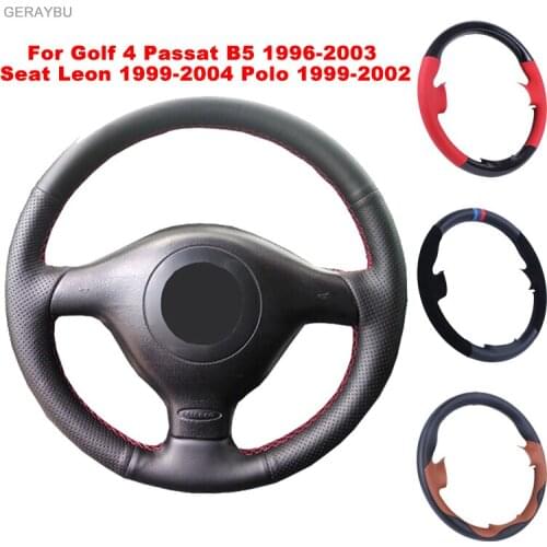 GERAYBU Custom Leather Hand-sewn Car Steering Wheel Cover For VW Golf 4 Passat B5 1996-2003 Seat Leon 1999-2004 Polo 1999-2002