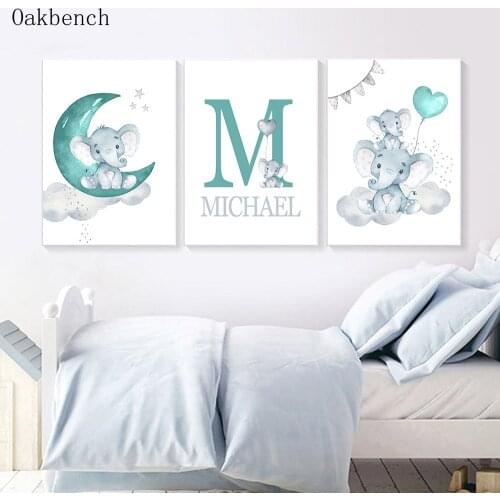 Nursery Poster Custom Name Canvas Painting Elephant Art Print Star Moon Cloud Posters Nordic Wall Pictures Baby Kids Room Decor