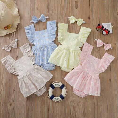 4 Colors Summer Toddler Baby Girls Clothes Princess Girls Ruffle Daisy Print Cotton Linen Romper Jumpsuits Skirts+Headband 2pcs