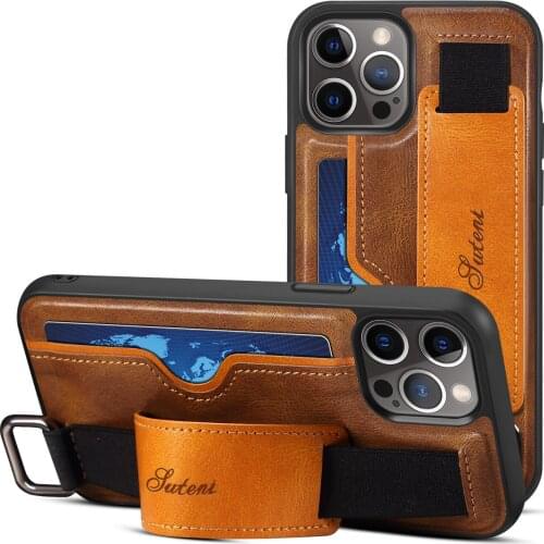 BuzzLee For iPhone 12/12 Pro PU Leather Wallet Card Bag Cell Phone Case w/Wrist Band for iPhone 12 Pro Max Cover Green Brown Red