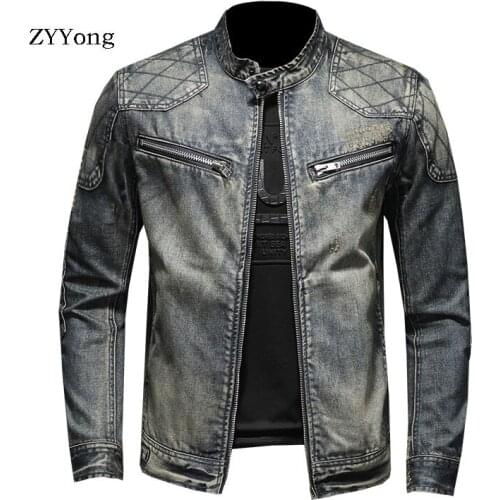 European Style Stand Collar Bomber Pilot Blue Denim Jacket Men Jeans Coat Motorcycle Fashion Casual Outwear Clothing Overcoat