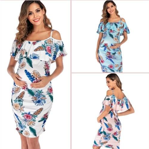 Summer Maternity Tops For Pregnancy Mom Clothes Lotus shoulder New Printed Stretch Cultivate Morality Pregnant Women Dress