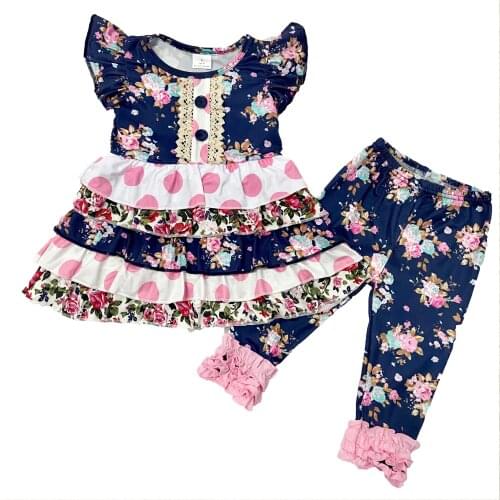 Fashion 2PCS Boutique kids Clothing Set Girl Flower Fly Sleeve Stitching Shirt and Ruffles Pants 3M-16T