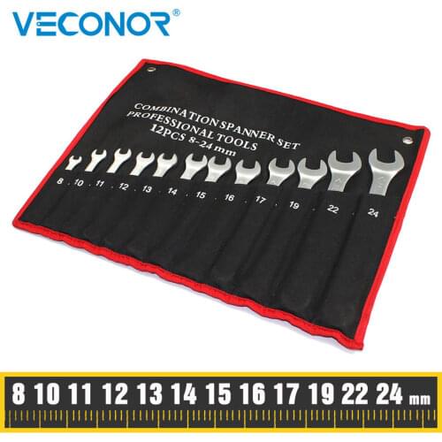 12 Pcs Combination Wrench Set, Open And Box End, Metric mm 8, 10, 11, 12, 13, 14, 15, 16, 17, 19, 22, 24, Chrome Vanadium