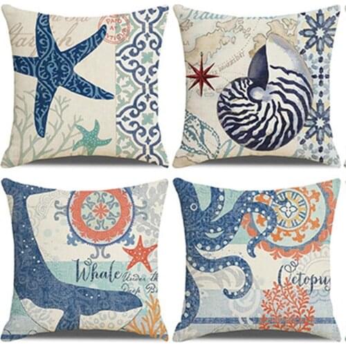 Mediterranean Ocean Print Pillowcase Cushion Cover 45*45 Sofa Cushions Pillow Cases Cotton Linen Home Decor Pillow Covers KD0698