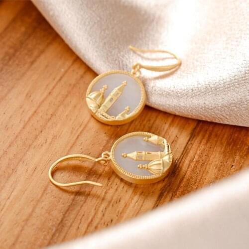 Original S925 Sterling Silver Gilding Hetian Jade White Jade European Castle Palace Temperament Womens Earrings Eardrop Earring