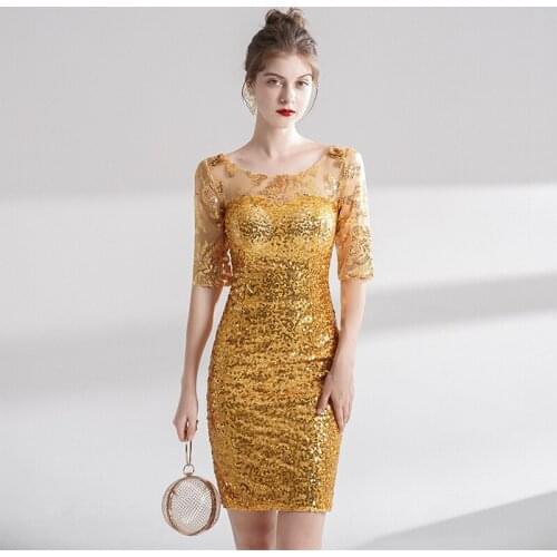 Prom Dress Gold Sequins O-Neck Short Sleeves Elegant Knee-Length Zipper Back New Mermaid Plus size Women Formal Party Gown C893