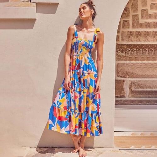 Print Strap Slash Neck Sleeveless Dress Women Casual Folds Vintage Backless Loose Streetwear Beach Party Long Dresses