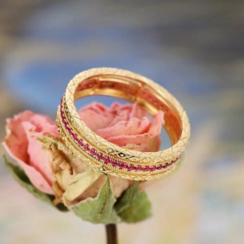 Simple & Fashion Hollow-out Female Gold Filled Wedding Jewelry Round Red Colors Zircon Birthstone Rings For Women Party Jewelry