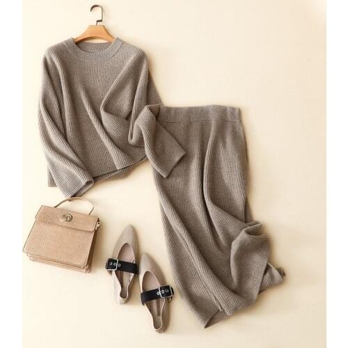 High-end chic womens winter thick 100% cashmere sets crew neck tops plus skirt with pocket